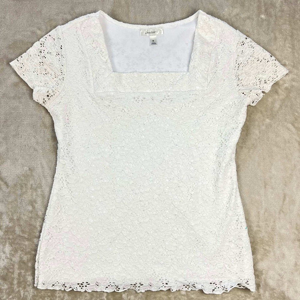 Dressbarn Womens White Floral Lace Square Neck Short Sleeve Blouse Size M